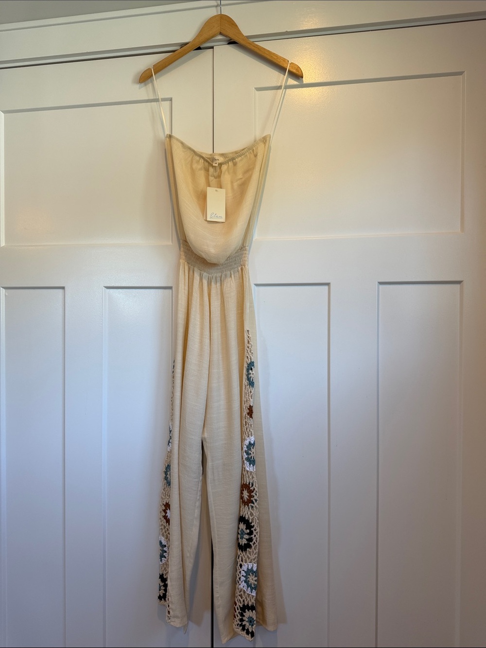 Elan Cream Spaghetti-Strap Jumpsuit with Crochet Side Panels